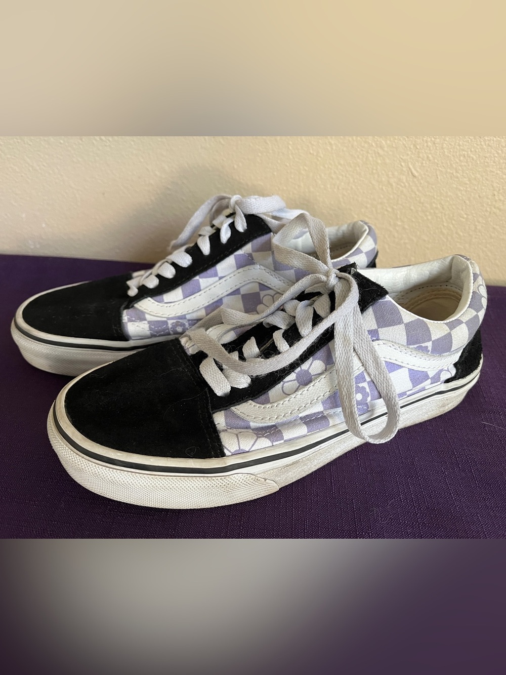 VANS WM5.5 M4 Old Skool Skate Lavender Checkered Flowers Shoes